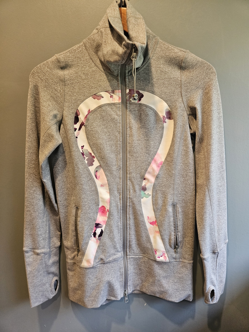 lululemon athletica Gray Full-Zip Hoodie with Pink Floral Logo Trim